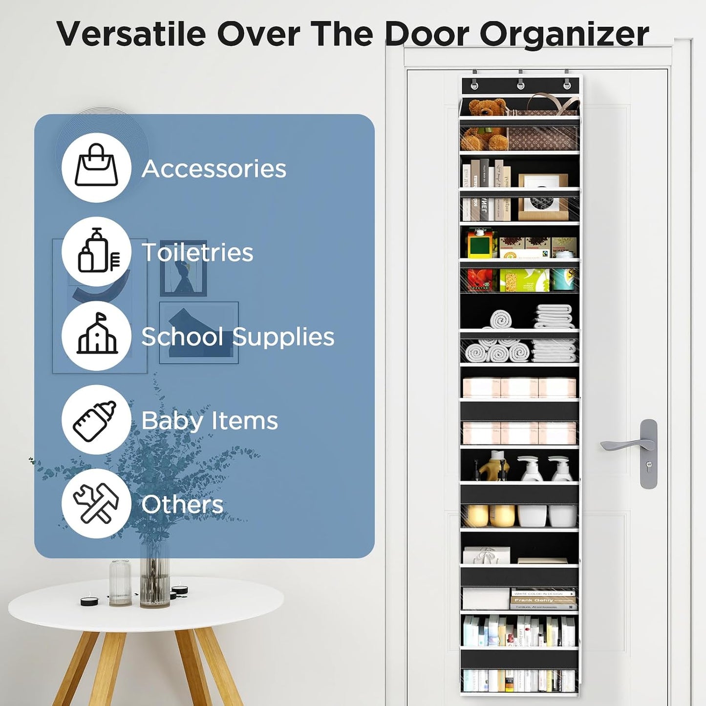 6 Tiers Over The Door Organizer, Heavy Duty Hanging Organizer Storage with Large Capacity Pockets, Behind Door Storage Hanging Shelves for Closet Wall Bathroom Bedroom Nursery Pantry, 1 Pack Grey