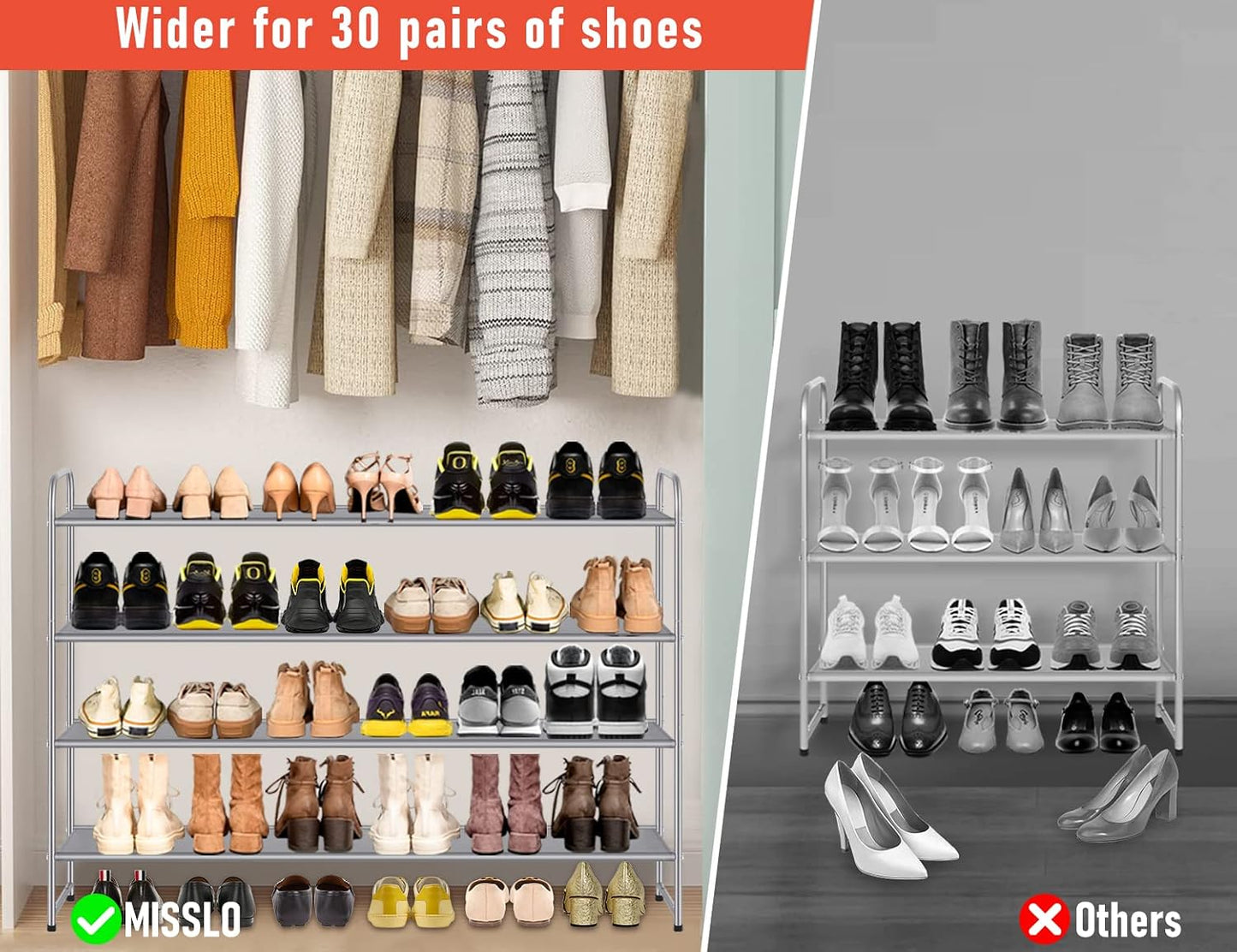 MISSLO 3-Tier Long Shoe Rack for Closet Shoe Organizer for Closet Floor Entryway Storage Stackable Wide Shoe Shelf Stores 24 Pairs of Men Sneakers, Black