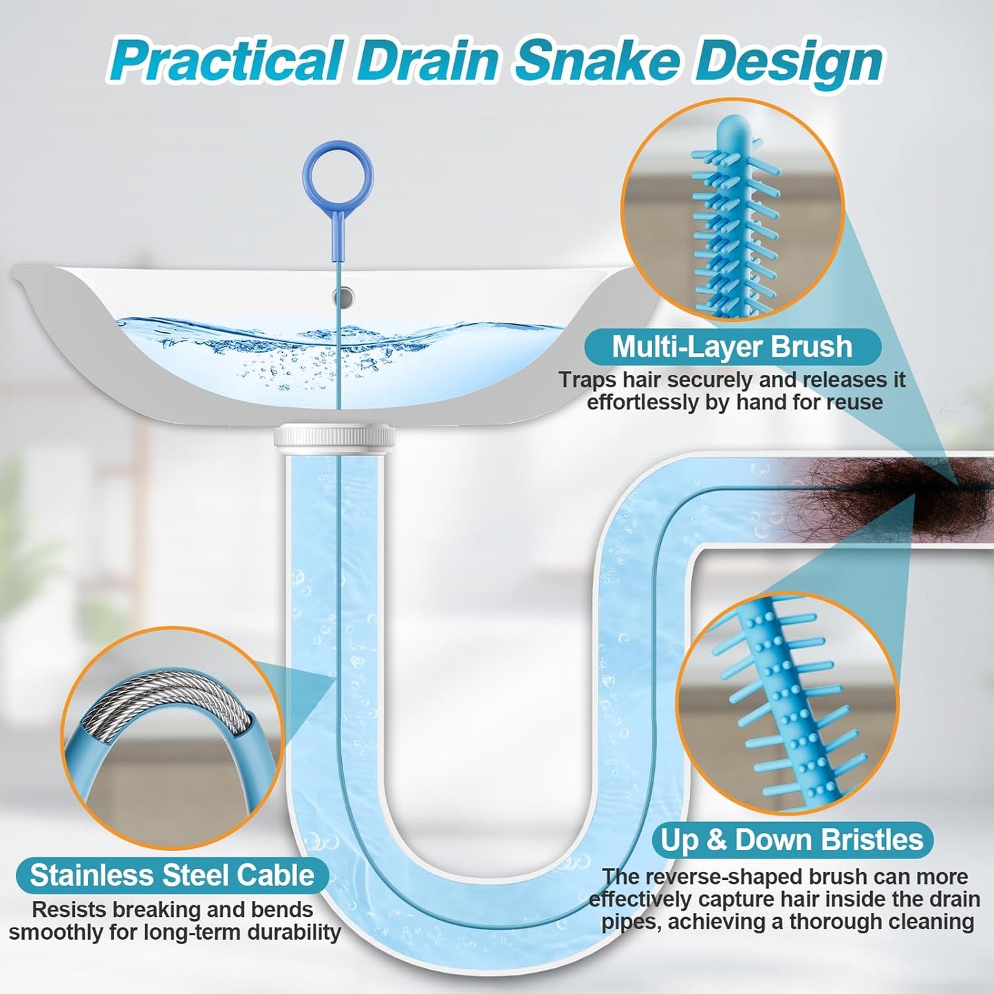 4 Pack Snake Drain Hair Removal Tool, Reusable Drain Snake Hair Drain Clog Remover Tool, 50 Inch Anti-break Steel Shower Drain Snake for Bathtub, Bathroom Sink Drain Unclog