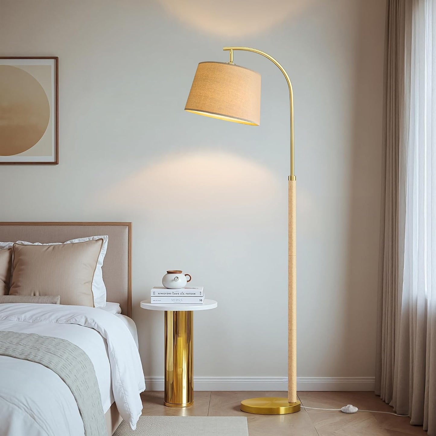 G-SAFAVA Real Wood Floor Lamps for Living Room Bedroom, 62.5" Mid Century Modern Lamp Gold Standing Tall Arc Lamps with Foot Switch, Floor Lamps for Nursery Office Decor Corner Reading Room Light