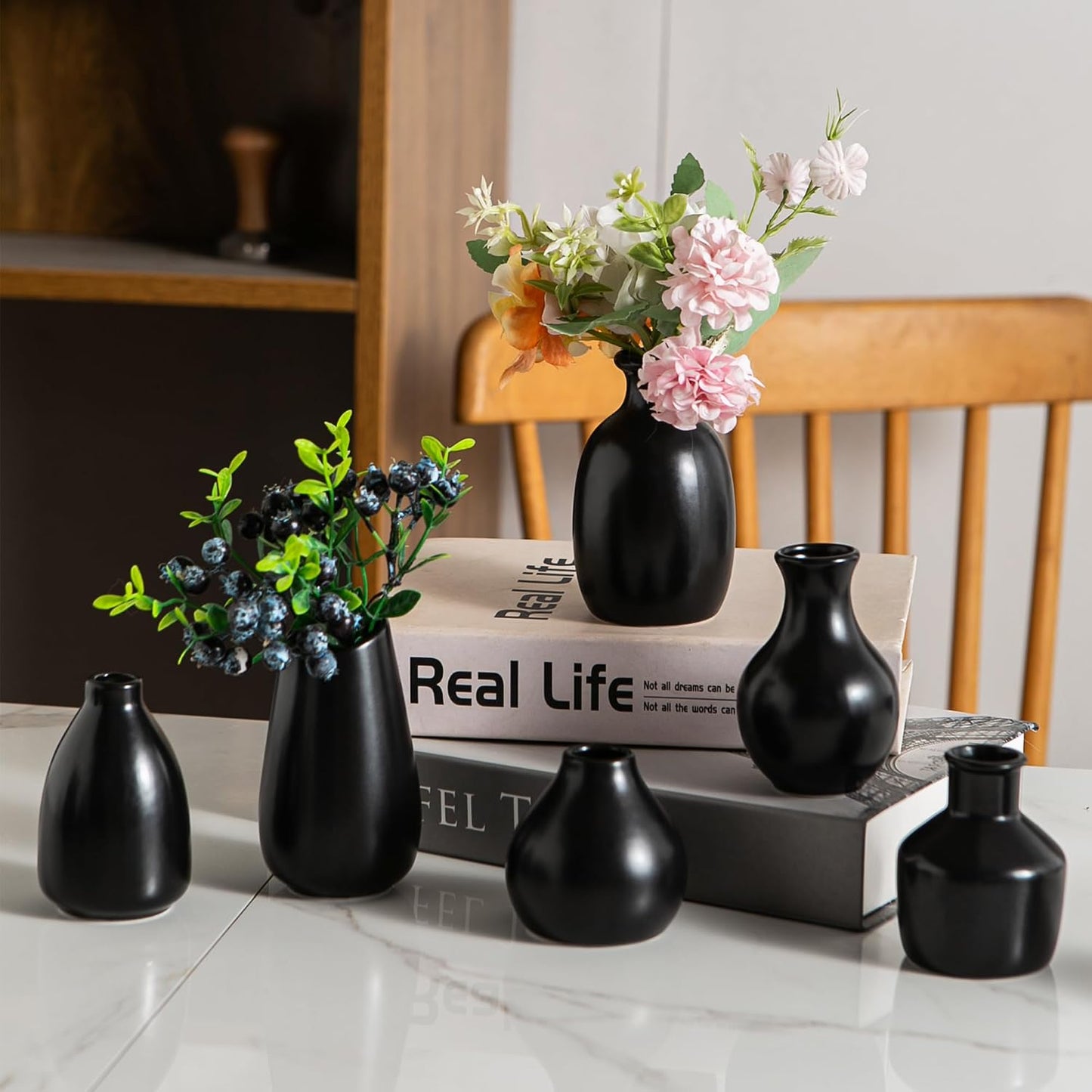 White Ceramic Bud Vase Set of 5, Mini Vases for Flowers, Decorative Small Vases for Home Decor, Boho Wedding Centerpieces, Living Room, Dining Table & Shelf Decor