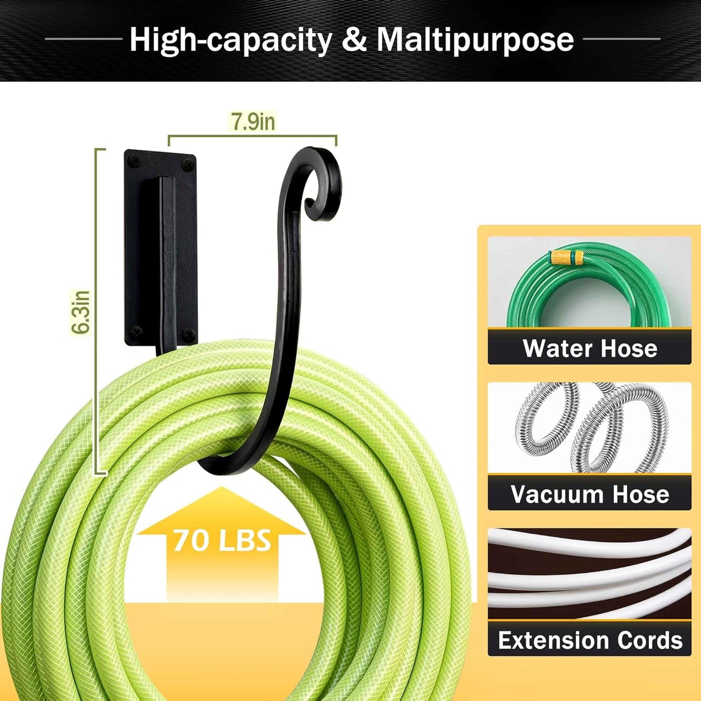 Hose Holder Wall Mount: 8 Inch Metal Heavy-Duty Garden Hose Hanger Outdoor | Hand-forged Hose Rack Mount