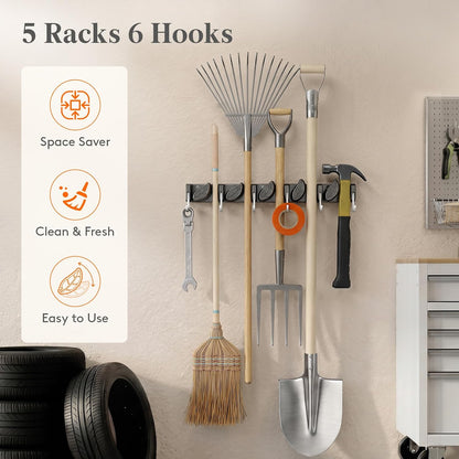 Lifewit Broom and Mop Holder Wall Mount, Non-Slip Cleaning Tool Hanger Organizer with 6 Hooks 5 Slots, Heavy Duty Hanging Broom Utility Rack for Kitchen, Garden, Garage, Laundry, 1 Pack, Black