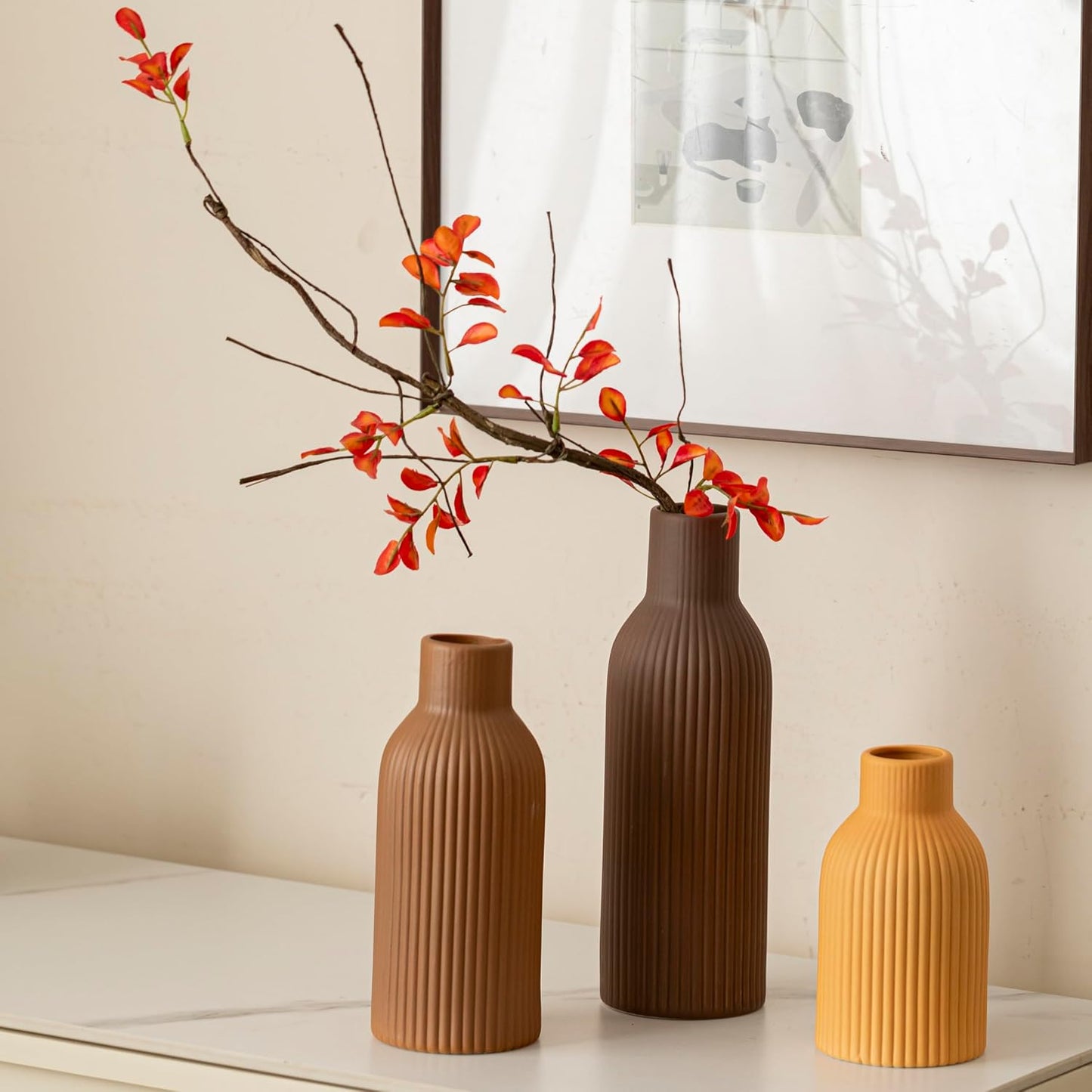 Modern Ceramic Vases Set of 3, Coffee Table Ribbed Decorative Vases, Shelf Table Centerpiece for Home Decor (Coffee Mix)
