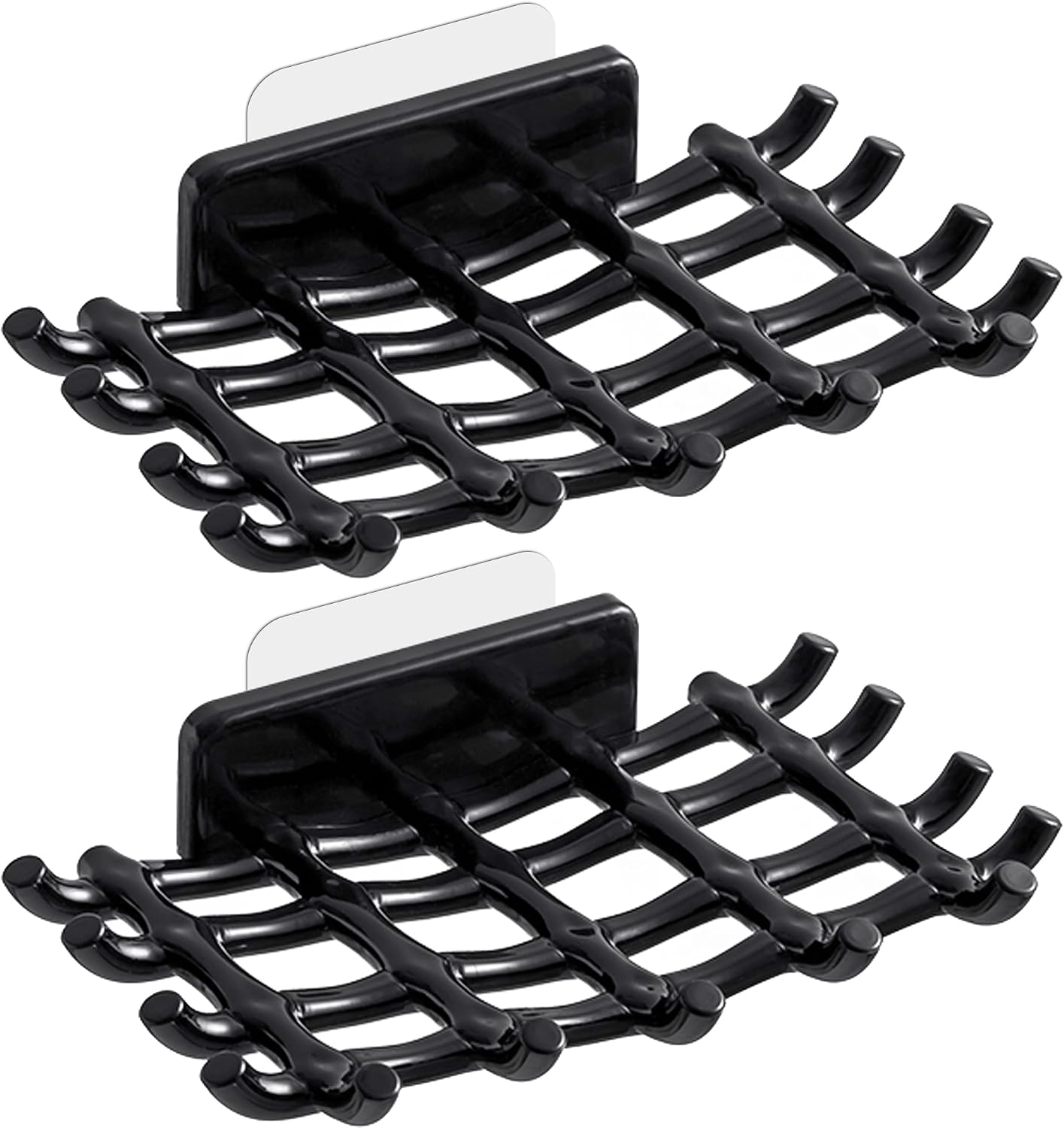Shower Soap Holder for Wall, Adhesive Bar Soap Dish with Self Draining Grid, Side Hooks and No Drilling Mount, Black, 2 Pack