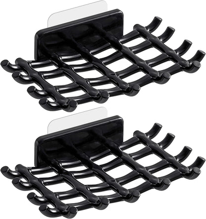 Shower Soap Holder for Wall, Adhesive Bar Soap Dish with Self Draining Grid, Side Hooks and No Drilling Mount, Black, 2 Pack