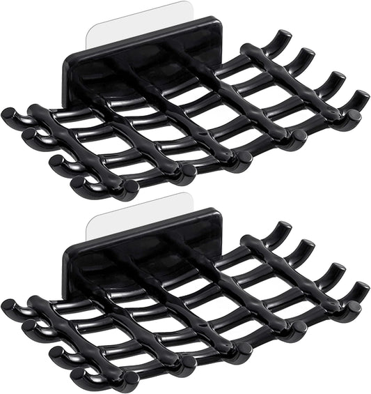 Shower Soap Holder for Wall, Adhesive Bar Soap Dish with Self Draining Grid, Side Hooks and No Drilling Mount, Black, 2 Pack
