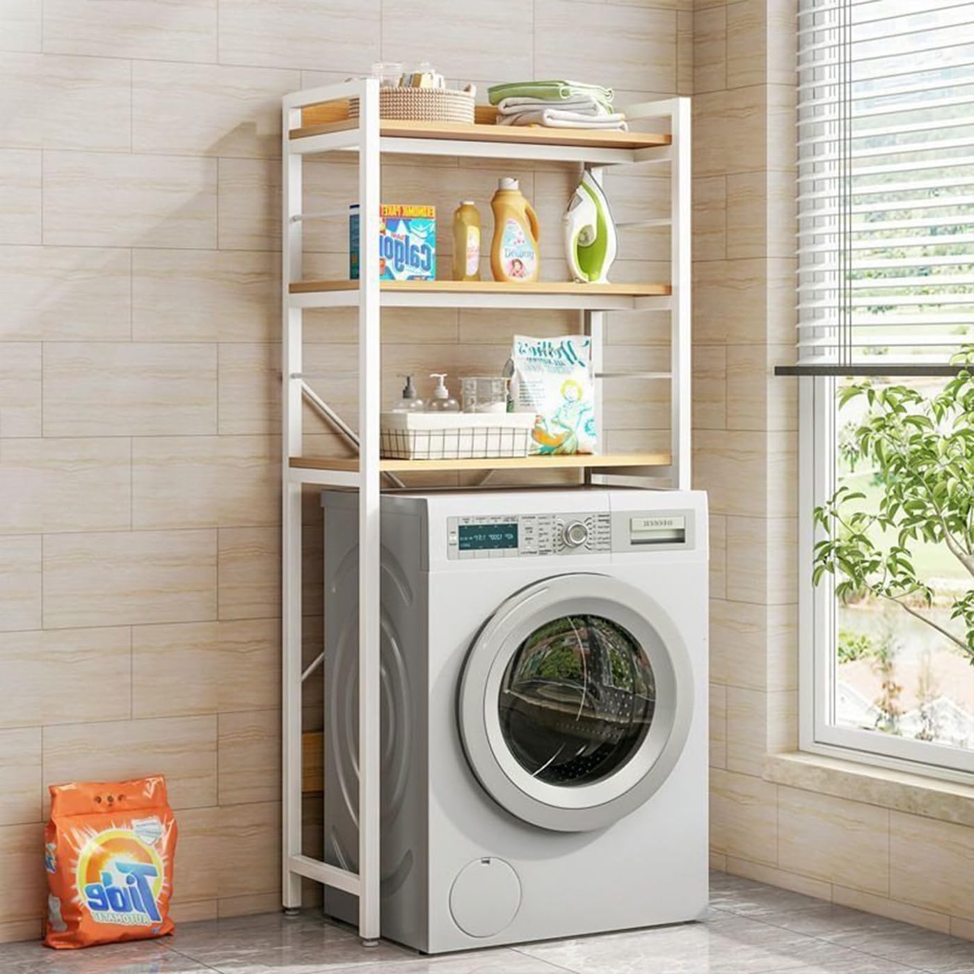 Gdrasuya10 Over the Washer and Dryer Storage Shelf for Laundry Room, 3 Tier White Washer Storage Utility Rack Shelf Laundry Storage Shelf Organizer Space Saving for Room
