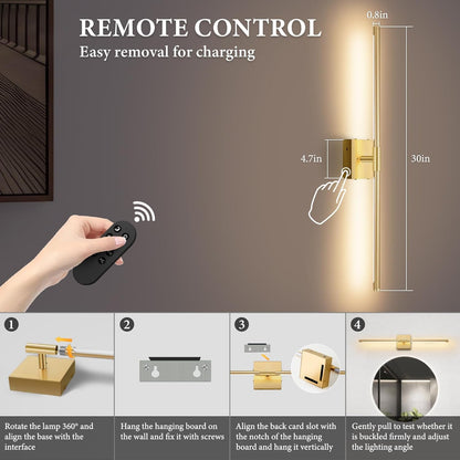 SAIMAND Wall Sconces Set of 2 Battery Operated, Wireless USB Rechargeable Wall Lights with Remote Control, 360° Rotation, 8000mAh LED Dimmable Picture Lamp for Living Room,Bedroom,Hallway (30in Black)