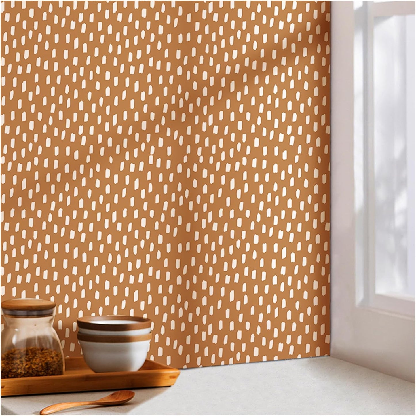 HAOKHOME Peel and Stick Wallpaper Boho Modern Dots Wall Paper Removable for Bathroom Caramel/White Contact Paper 17.3in x 9.8ft