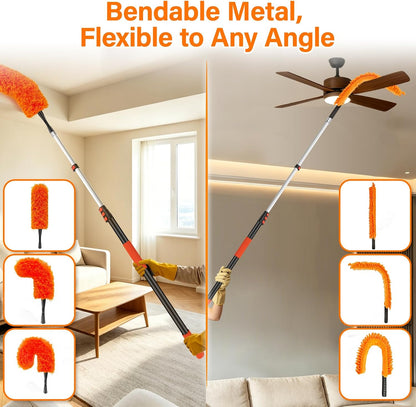 26FT High Reach Duster with Extension Pole 5-20FT, 4-in-1 Cleaning Kit with Universal Swivel Joint | High Ceiling Fan Cleaner, Cobweb Duster & Window Squeegee for Safe High-Reach Cleaning