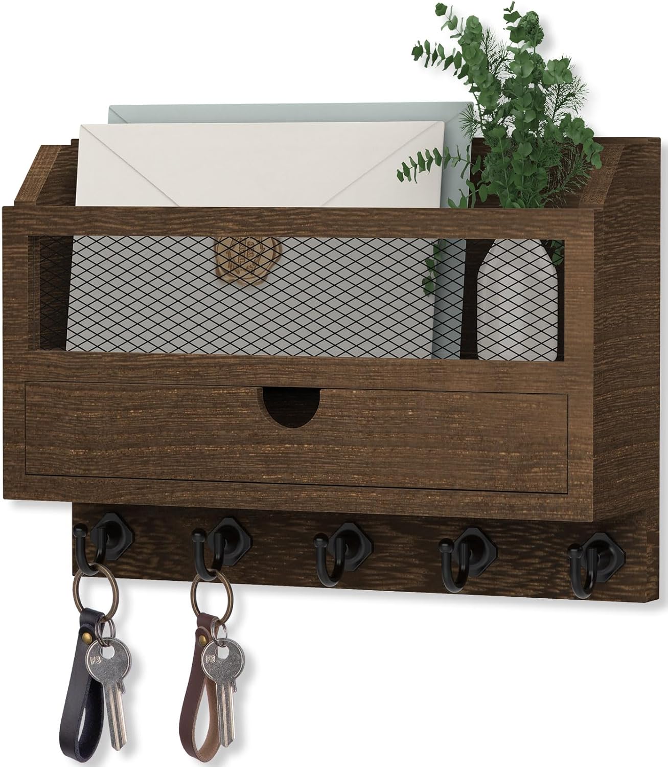 Nekon Key and Mail Holder for Wall, Key Organizer with 5 Hooks & Storage Drawer, 11" W x 7.9" H x 3.1" D Wooden Key Rack for Entryway and Home Decor (Black)