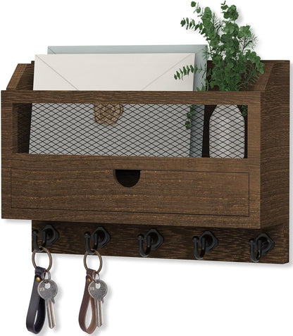 Nekon Key and Mail Holder for Wall, Key Organizer with 5 Hooks & Storage Drawer, 11" W x 7.9" H x 3.1" D Wooden Key Rack for Entryway and Home Decor (Black)