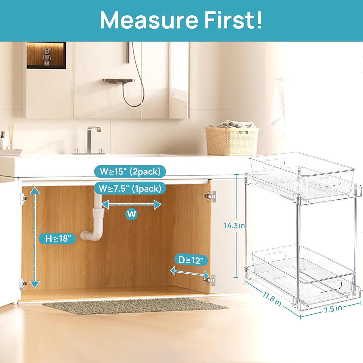 Vtopmart 2 Tier Bathroom Storage Organizer, 2 Pack Clear Under Sink Organizers Vanity Counter Container, Cabinet Drawers Bins, Pull-Out Organization with Track for Pantry, Kitchen
