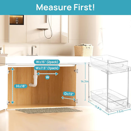 Vtopmart 2 Tier Bathroom Storage Organizer, 2 Pack Clear Under Sink Organizers Vanity Counter Container, Cabinet Drawers Bins, Pull-Out Organization with Track for Pantry, Kitchen