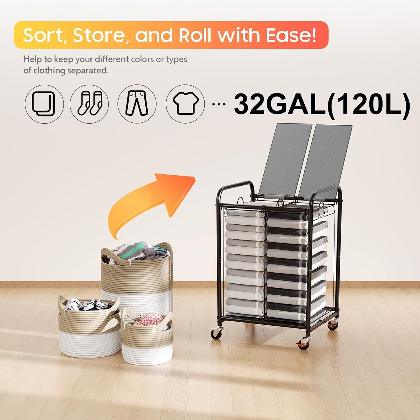 180L (47.55 Gal) Laundry Sorter 3 Section, Rolling Laundry Basket with Lockable Wheels and Lid, Laundry Hamper with 3 Separated Removable Bags Dirty Clothes Hamper for Laundry Room Organizer, Black