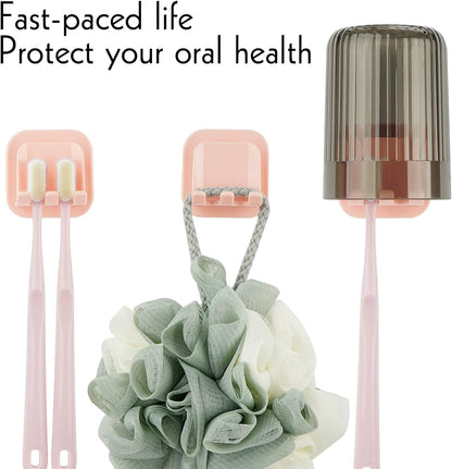 2 PCS Self-Adhesive Toothbrush Holders Wall Mounted, Water Proof Toothbrush Hook, 3 in 1 with Toothbrush Hanger Toothpaste Holder and Gargle Cup Holder for Bathroom Shower (White)