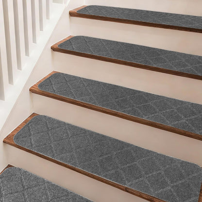 9"X36" Stair Treads Carpet Non-Slip for Wooden Steps Indoor, Machine Washable and Reusable with Tape Free Self-Adhesive Back for Pets, Set of 4, Grey