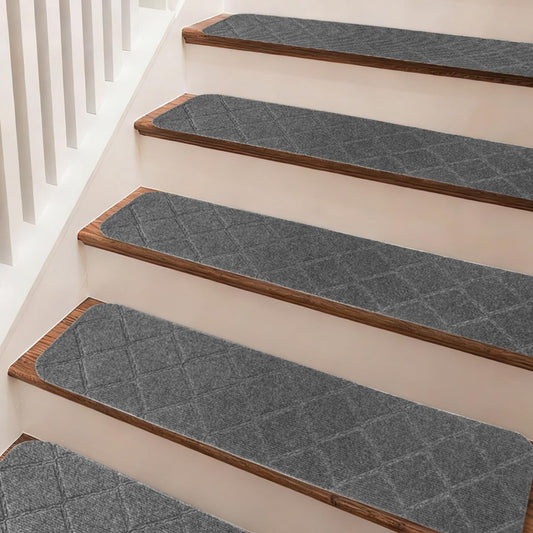 9"X36" Stair Treads Carpet Non-Slip for Wooden Steps Indoor, Machine Washable and Reusable with Tape Free Self-Adhesive Back for Pets, Set of 4, Grey
