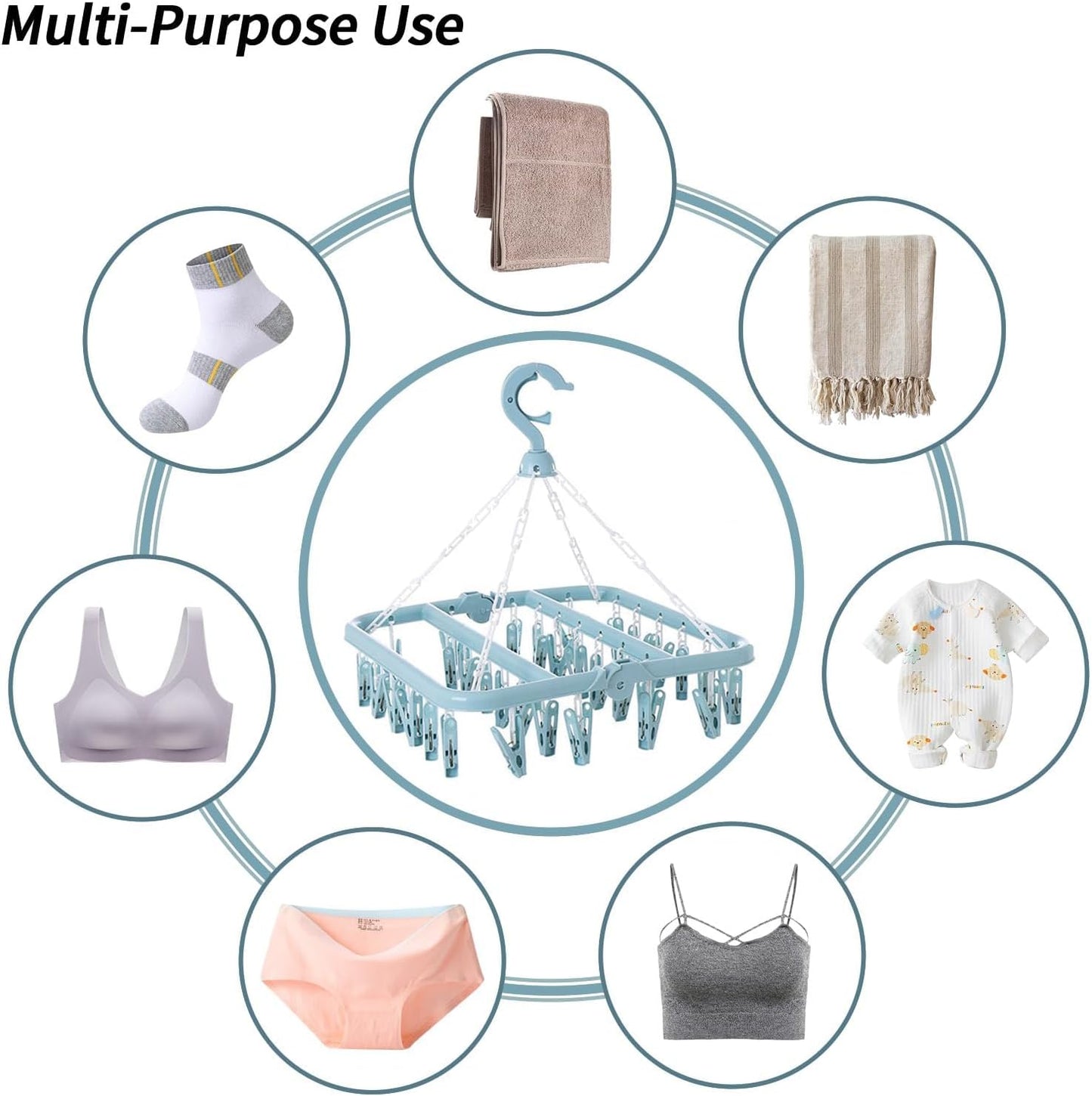 Laundry Drying Rack with 32 Hanger Clips, Foldable Clip Hangers for Drying Socks, Underwear & Towels, Portable Clothes Rack, 360° Rotatable Hook Plastic Baby Hangers (Light Blue)