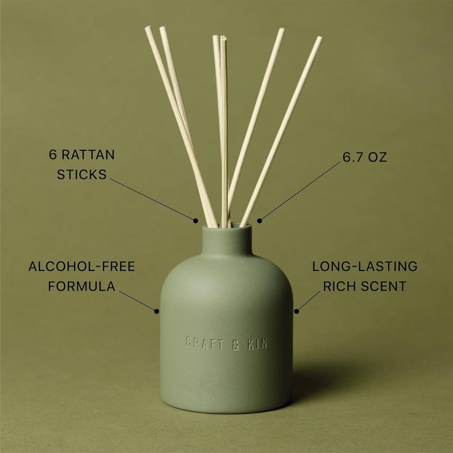 Craft & Kin Reed Diffuser for Home & Bathroom – Neroli & Jasmine Holiday Reed Diffuser Set with Fragrance Sticks, Long-Lasting Alcohol-Free Winter Scent, Earthenware Collection, 6.7oz