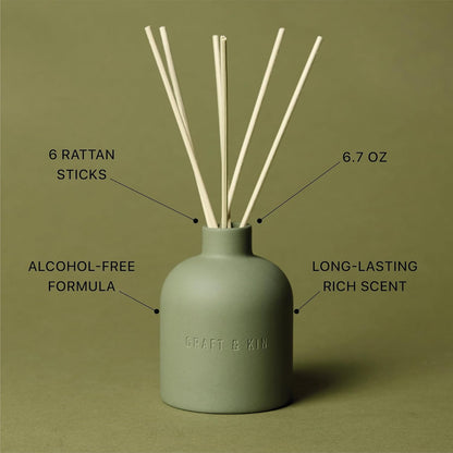Craft & Kin Reed Diffuser for Home & Bathroom – Neroli & Jasmine Holiday Reed Diffuser Set with Fragrance Sticks, Long-Lasting Alcohol-Free Winter Scent, Earthenware Collection, 6.7oz