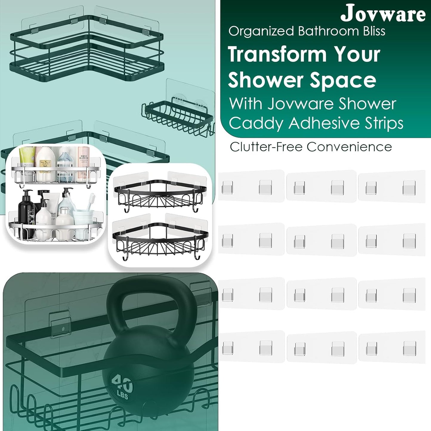 Shower Caddy Adhesive Replacement Sticker, Shower Adhesive Strip Adhesive Hook Bathroom Storage Shelf Organizer Sticker Adhesive Pads Hooks for Kitchen Caddy for Flat Wire, 2 Flat Hooks 6 1/2"