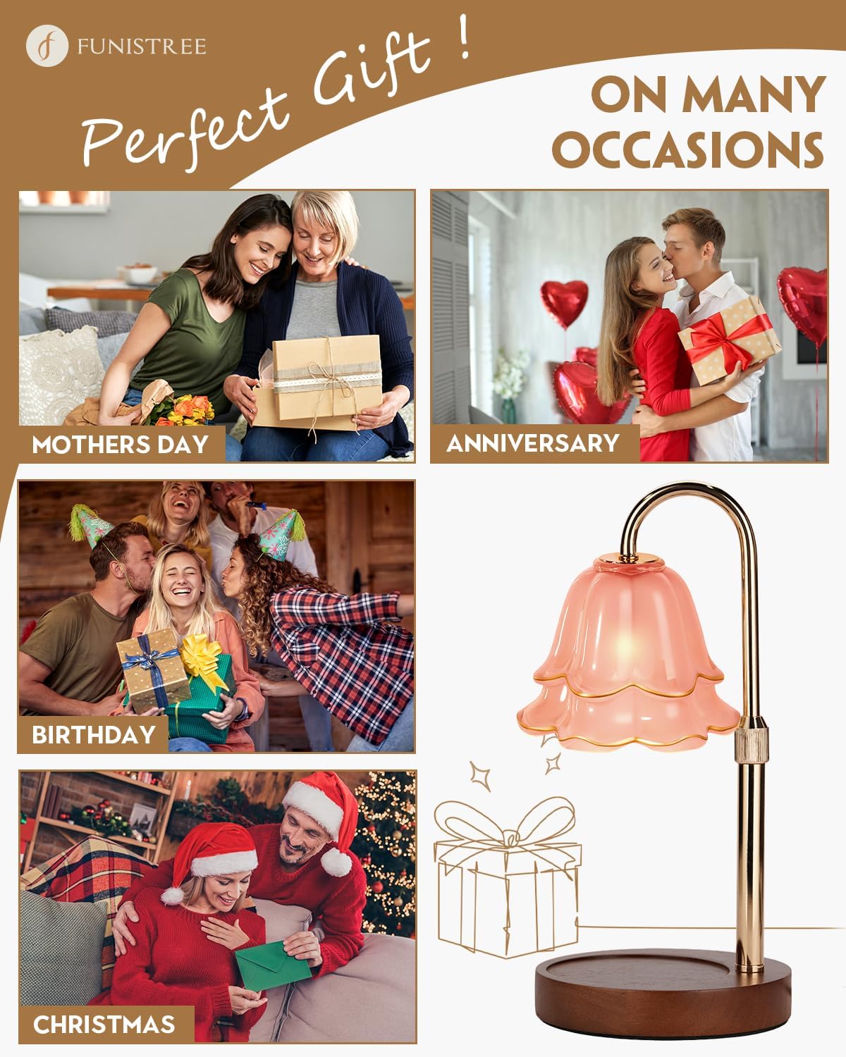 Funistree Flower Candle Warmer Lamp with Timer & Dimmer, Adjustable Height Candle Warmer, Christmas Birthday Gifts for Women Mom, House Warming New Home Decor, Wax Warmer with 2 Bulbs for Jar Candles