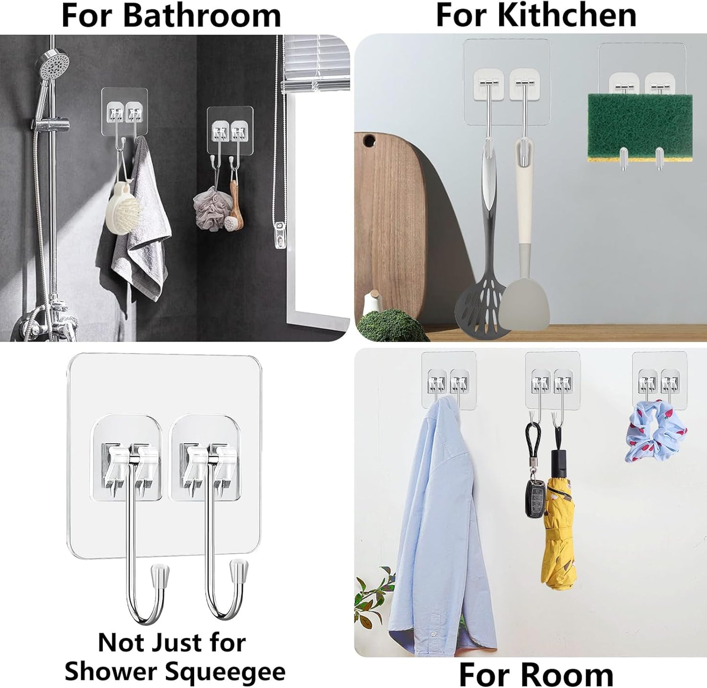Strong Adhesive Hooks for Hanging Heavy Duty Rustproof Wall Hangers Towel Hooks for Bathrooms No Damage Easy-To-Remove Traceless Squeegee Shower Hook, Clear Utility Hook Multiple Uses for Kitchen Home