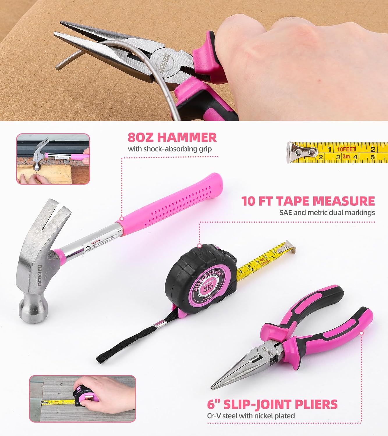 143 Pcs Pink Homeowner Tool Set with 3.6V Cordless Screwdriver General Household Hand Tool Kit with Plastic Tool box Storage Case for Women,Men