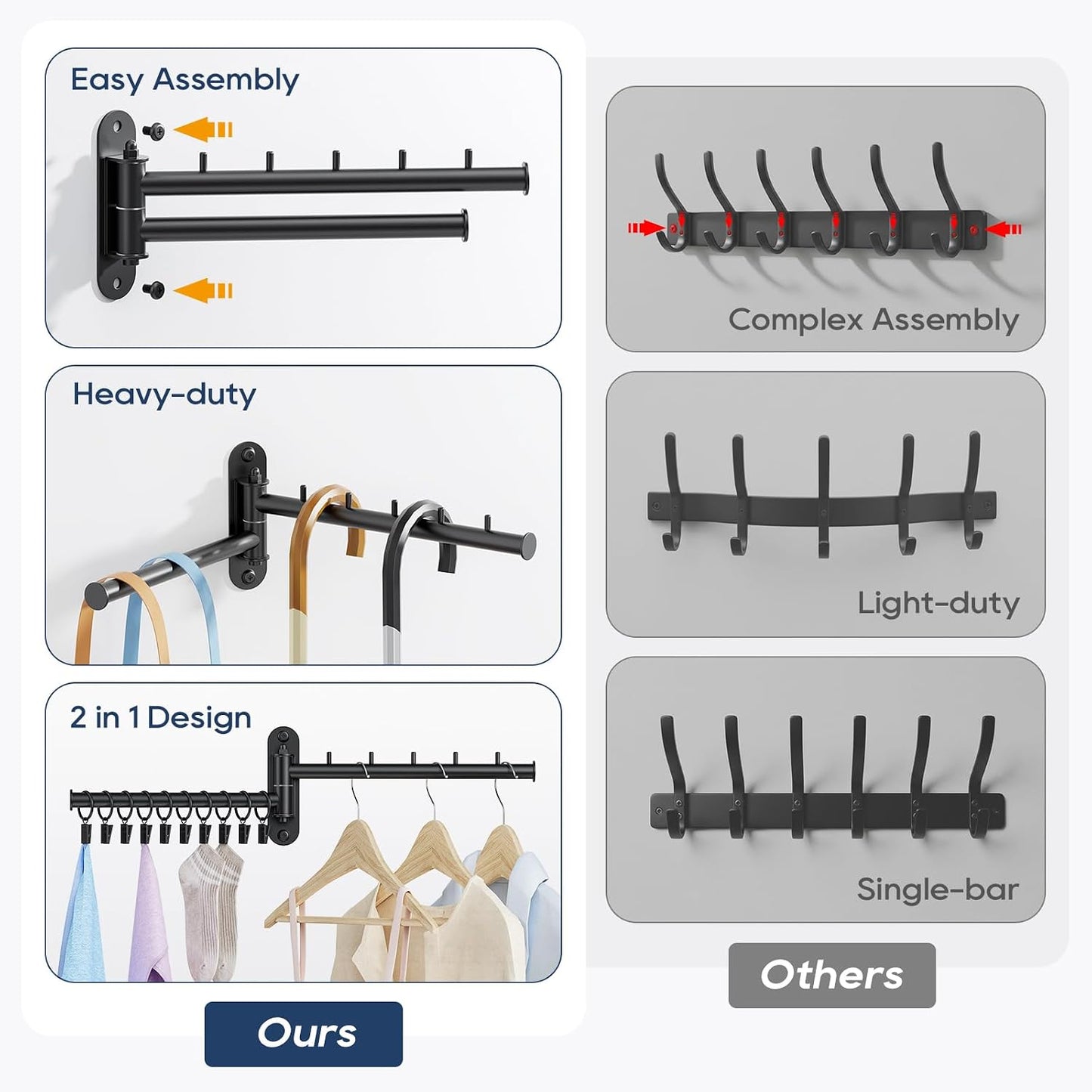 Wall Mounted Drying Rack, 2-Tier Laundry Drying Rack with Swing Arm, Space-Saving Foldable Laundry Clothes Hanger with 10 Clips for Laundry Room Closet Organizer Bathroom Bedroom