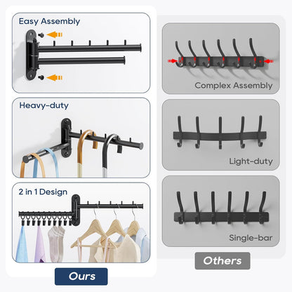 Wall Mounted Drying Rack, 2-Tier Laundry Drying Rack with Swing Arm, Space-Saving Foldable Laundry Clothes Hanger with 10 Clips for Laundry Room Closet Organizer Bathroom Bedroom