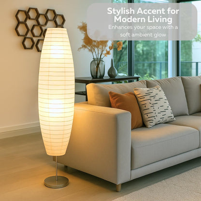 LIGHTACCENTS 50” Rice Paper Standing Lamp – Modern Japanese Floor Lamp with Chrome Base, White Shade, Foot Pedal Switch – Floor Lamps for Living Room, Bedroom, or Meditation Space