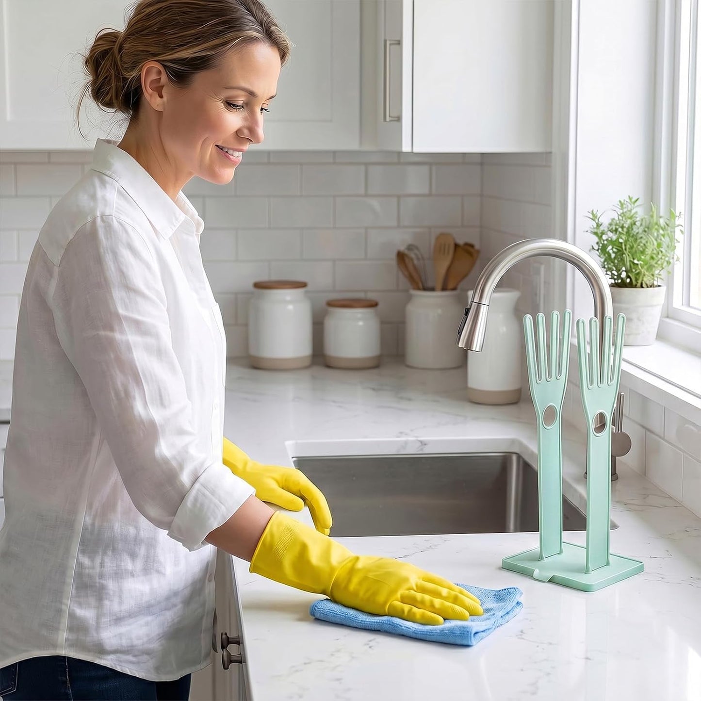 Kitchen Dish Glove Holder Reusable Plastic Dishwashing Gloves Drying Rack, Rubber Mitten Clothes Dryer Washing Sink Holders Stand Towel Hanger for Dish Gloves Rags Sponge Food Bag Organizer(Blue)
