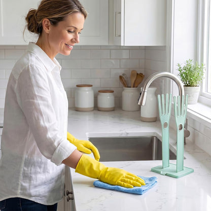 Kitchen Dish Glove Holder Reusable Plastic Dishwashing Gloves Drying Rack, Rubber Mitten Clothes Dryer Washing Sink Holders Stand Towel Hanger for Dish Gloves Rags Sponge Food Bag Organizer(Blue)