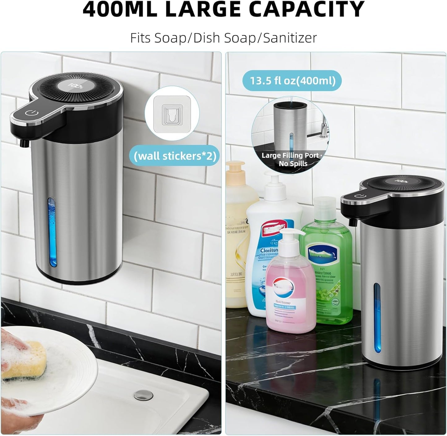 Automatic Foaming Soap Dispenser Touchless, Clog-Free Pump, 0.2s Fast Sensor, USB-C Rechargeable &13.5 oz/400ml Rechargeable, 4 Adjustable Liquid Levels, IPX5 Waterproof,Level Display