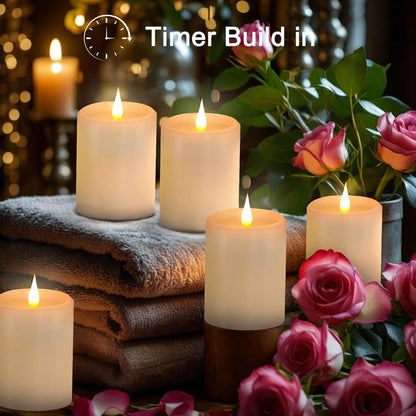 Flickering Flameless Candles with 3D Moving Flame, Real Wax Battery Operated Candles with Timer and Remote, Last 600+ Hours, 3" x 3" LED Fake Candles for Home Wedding Christmas Decor, 2 Pack