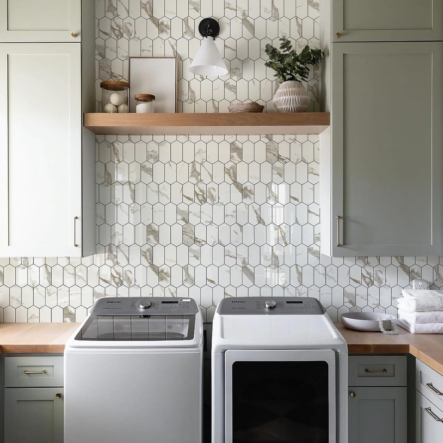Vamos Tile Long Hexagon Peel and Stick Backsplash Tile - 10 Sheets Stick on Backsplash for Kitchen and Bathroom 12.4 x 12 Inch Glossy Wood Grain PVC Self Adhesive Mosaic Wall Tiles