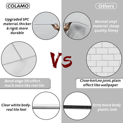 Colamo Luxury 10-Sheet Peel and Stick Backsplash,Self Adhesive Faux Stone 12”x12” White Subway Tile for Kitchen,Glossy Waterproof Carrara Brick Marble Look,Stick on Accent Wall for Bathroom,Bedroom