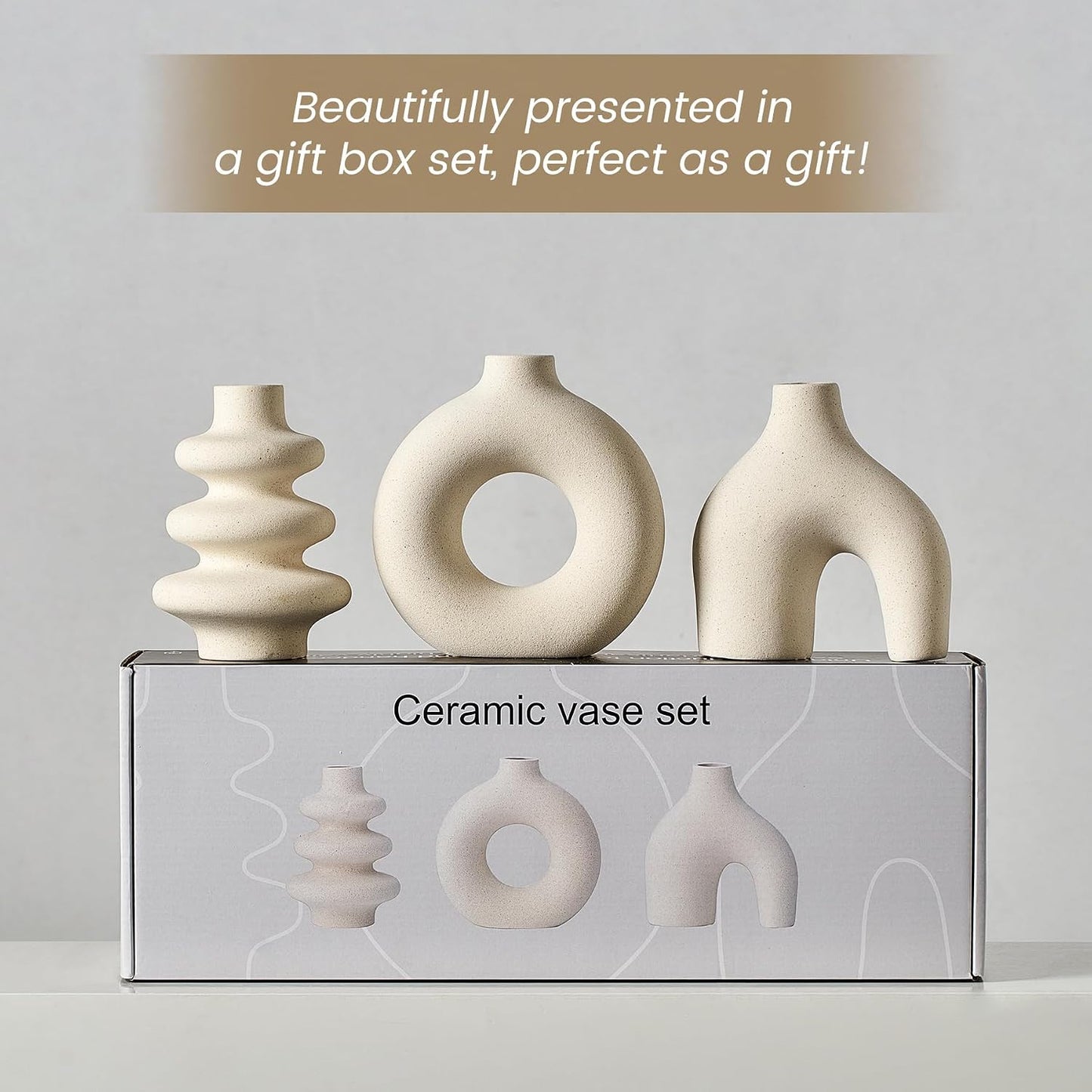 White Ceramic Vase Set of 3, Small Flower Vases for Pampas Grass, Modern Boho Vase for Decor, Round White Vases Centerpieces for Wedding Living Room Bedroom Coffee Table Dinner Table