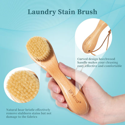 BFWood Laundry Stain Brush, Natural Soft Boar Bristles, Removes Tough Stains from Delicate Fabrics Like Knits, Cotton, and Linens, Gentle on Fabrics, No Damage