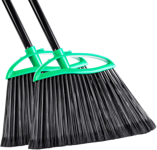 2 Pack Heavy Duty Brooms, 55" Long Handle Angle Broom Set | Indoor Outdoor, Household Commercial Floor Cleaning, for Sweeping Home, Kitchen, Deck, Garage, Patio - Green