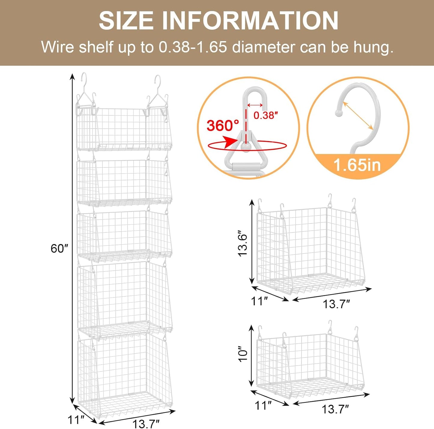 4-Tier Hanging Laundry Room Organizer: Foldable Wire Shelf Basket with 2 Large Hooks 1.65" & 360°Rotating Hooks – Space-Saving Laundry Storage Basket, for Wardrobe Closet Storage, White Patent
