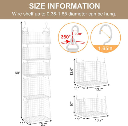 4-Tier Hanging Laundry Room Organizer: Foldable Wire Shelf Basket with 2 Large Hooks 1.65" & 360°Rotating Hooks – Space-Saving Laundry Storage Basket, for Wardrobe Closet Storage, White Patent