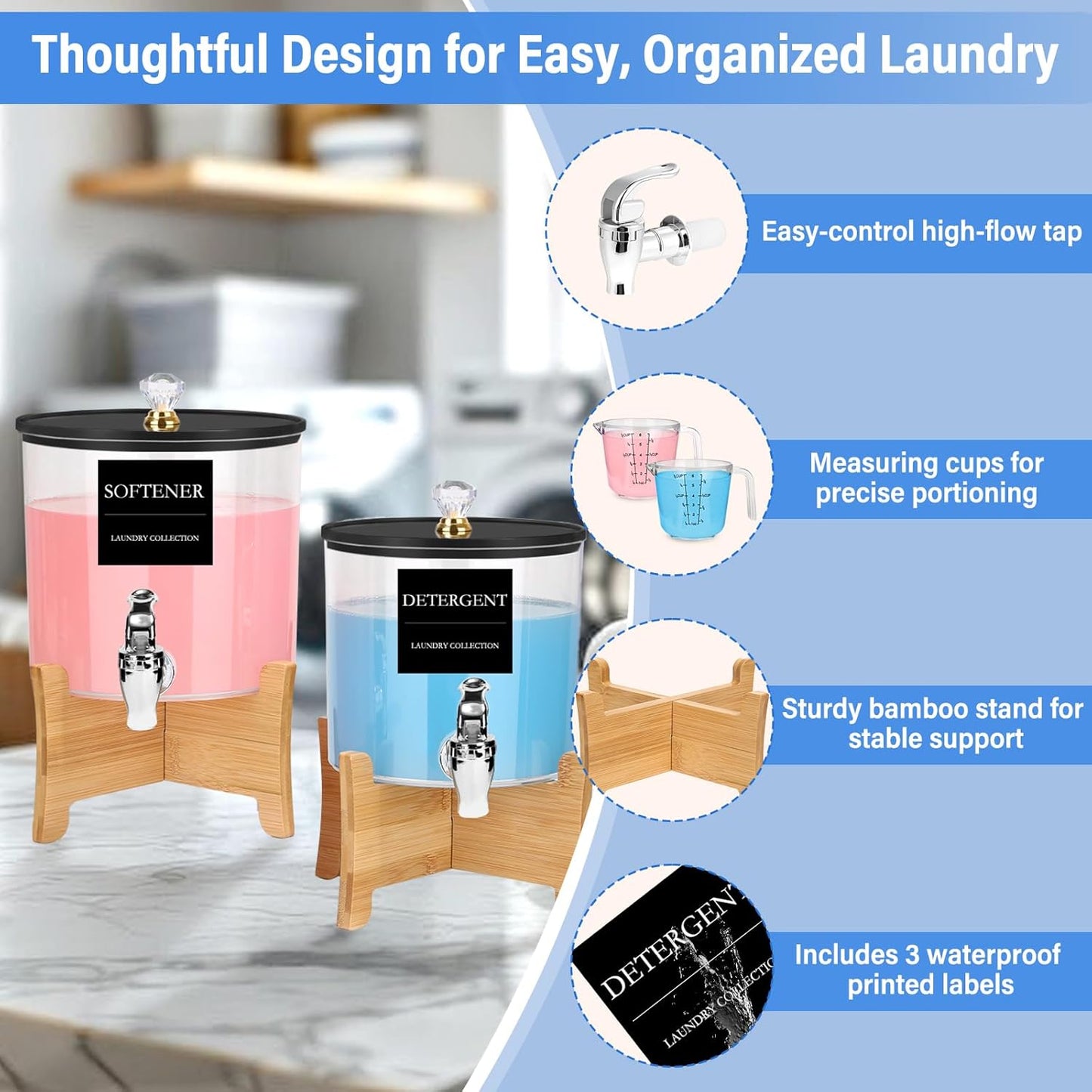 Laundry Detergent Dispenser Set, 2 Pack Large and Small Acrylic Containers with Bamboo Stands, 1.25 Gallon Total, Laundry Room Organization