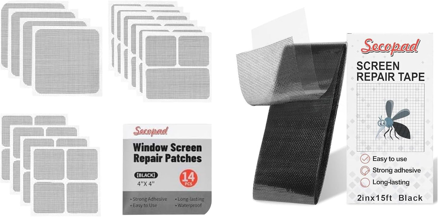 Secopad 14 Sheets 3 Size Window Screen Patches and 2 in X 15 FT Window Screen Repair Tape, Black
