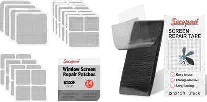 Secopad 14 Sheets 3 Size Window Screen Patches and 2 in X 15 FT Window Screen Repair Tape, Black