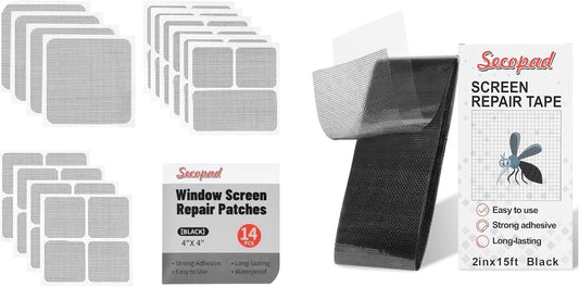 Secopad 14 Sheets 3 Size Window Screen Patches and 2 in X 15 FT Window Screen Repair Tape, Black