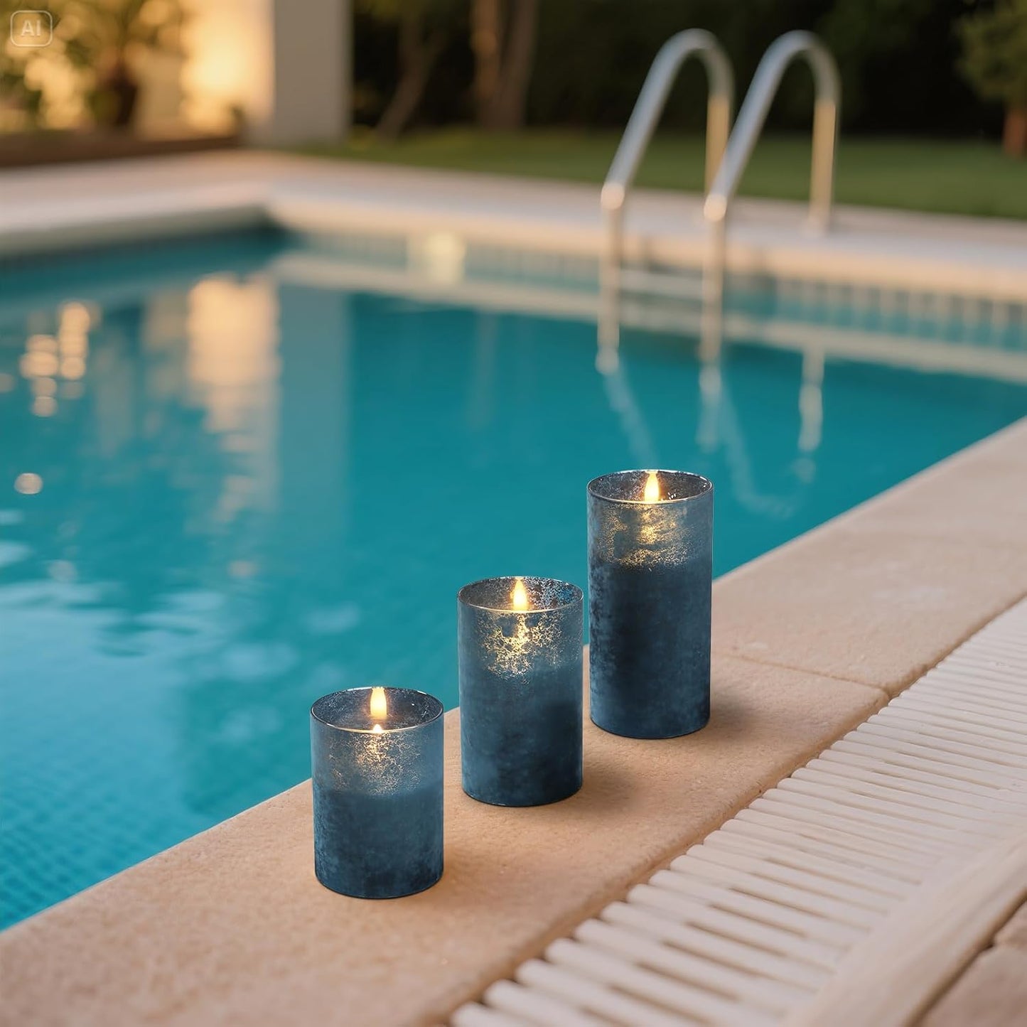 Blue Flameless Candles with Remote, Real Wax Glass Battery Operated Candles with Timer, LED Pillar Candle for Bedroom Home Wedding Birthday Party Fall Halloween Christmas Decorations, Set of 3