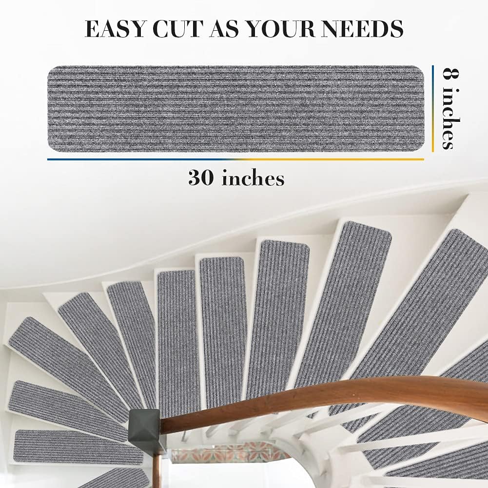 RIOLAND Stair Treads Carpet Non-Slip Indoor Stair Runners for Wooden Steps, Stair Rugs for Kids and Dogs, Set of 15, 8" X 30", Gray